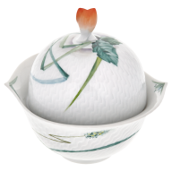 Sugar Bowl, Shape "Waves Relief", Woodland flora with insects, white rim, H 12,4 cm