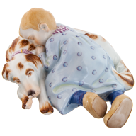 Child sleeping on dog, Coloured with gold, H 7,5 cm