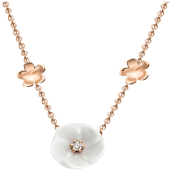 Necklace Royal Blossom Bouquet, 750 rose gold, 7 Blossoms XS/S/M, 1 porcelain blossom M, 1 brilliant 0,04 ct, TW, VSI, 2 porcela