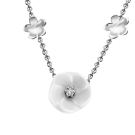 Necklace Royal Blossom Bouquet, 750 white gold, 7 Blossoms XS/S/M, 1 porcelain blossom M, 1 brilliant 0,04 ct, TW, VSI, 2 porcel