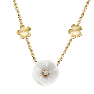 Necklace Royal Blossom Bouquet, 750 yellow gold, 7 Blossoms XS/S/M, 1 porcelain blossom M, 1 brilliant 0,04 ct, TW, VSI, 2 porce