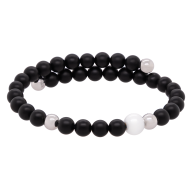 Bangle Pearl Collection Onyx, asymmetrical, 1 porcelain pearl 8 mm, 4 pearls 6 mm 925 sterling silver, 32 onyx pearls 6 mm