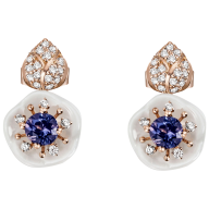 Earrings Royal Blossom Gem "Tanzanite Blue", 750 rose gold, 2 porceain blossoms S, 2 Tanzanite Blue á 0,30 ct and 42 brilliants 0
