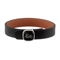 Leather Bracelet with monogram (2 letters) in Platinum on black surface